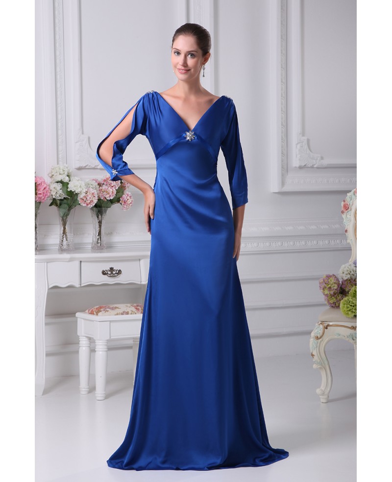 Royal Blue Simple Satin Long Sleeved Evening Dress with Deep V Top