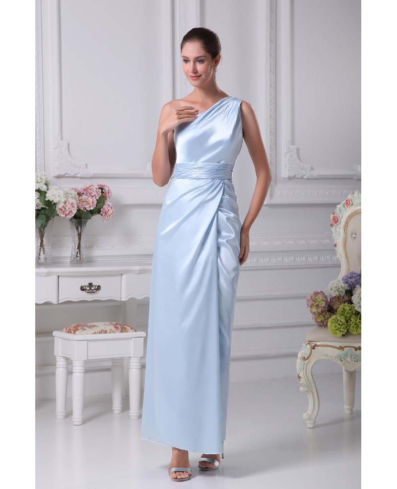 Simple One Shoulder Taffeta Light Blue Bridesmaid Dress in Floor Length