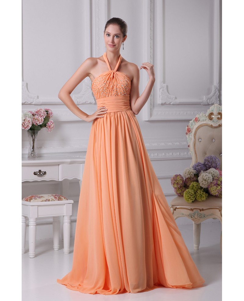 Elegant Long Halter Ruffled Beading Orange Bridesmaid Dress - Click Image to Close