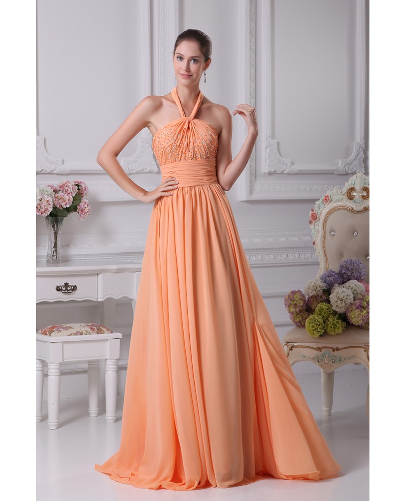 Elegant Long Halter Ruffled Beading Orange Bridesmaid Dress