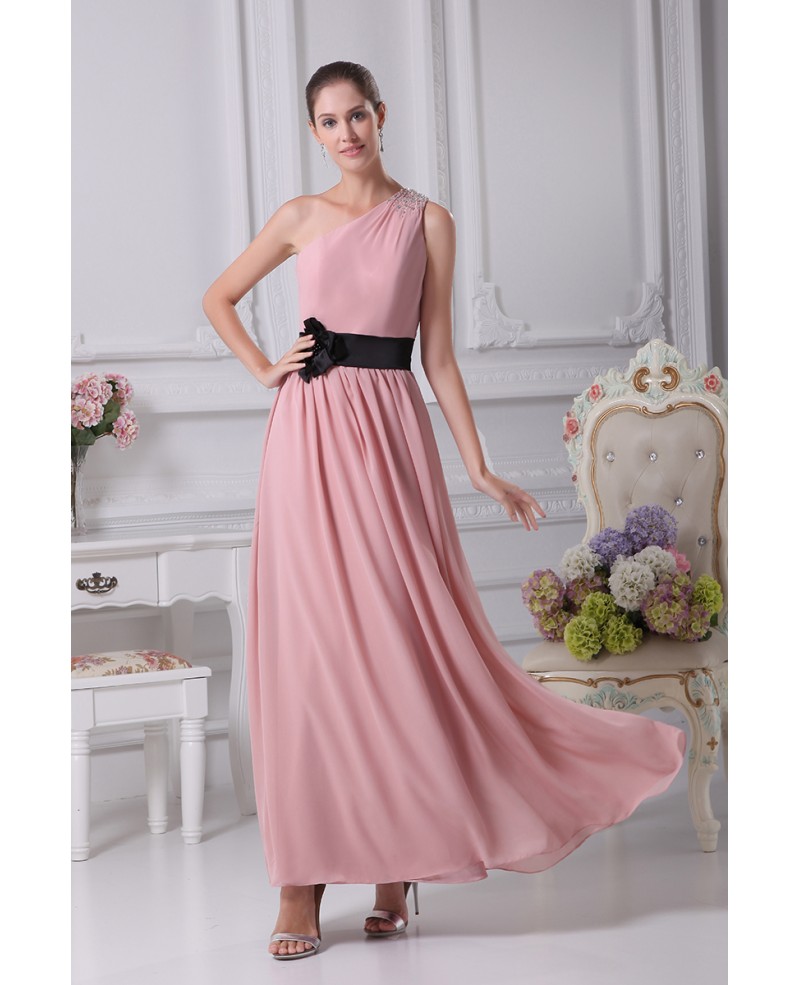 Simple Pink One Shoulder Beaded Strap Chiffon Bridesmaid Dress with Black Sash