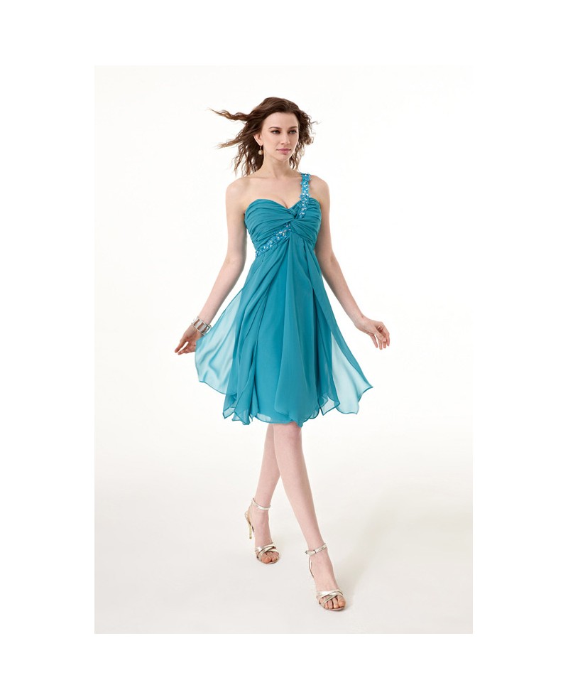 Blue Short Beaded One Shoulder Sweetheart Chiffon Dress with Ruffles