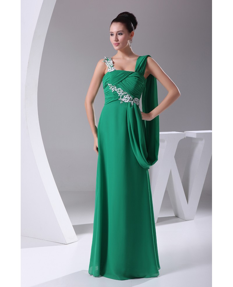 Hunter Green Long Slim Chiffon Evening Dress with Lace Beading