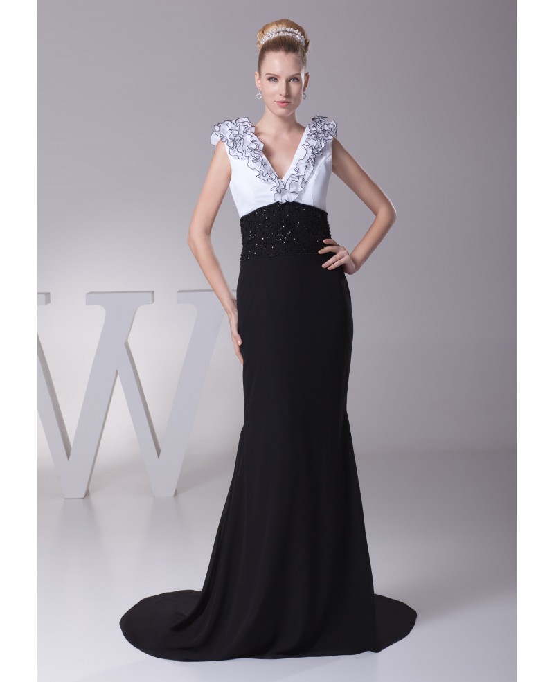 Black and White Beaded Mother of the Bride Dress with V Neck