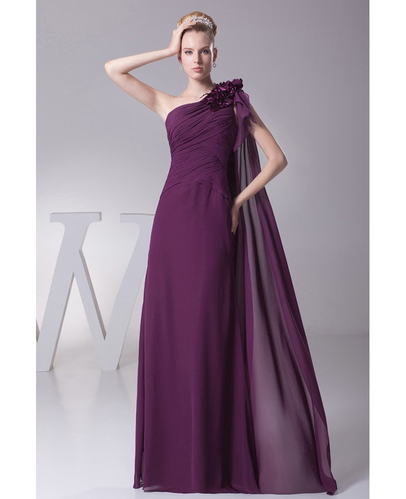 Elegant One Shoulder Folded Chiffon Evening Dress in Grape Color