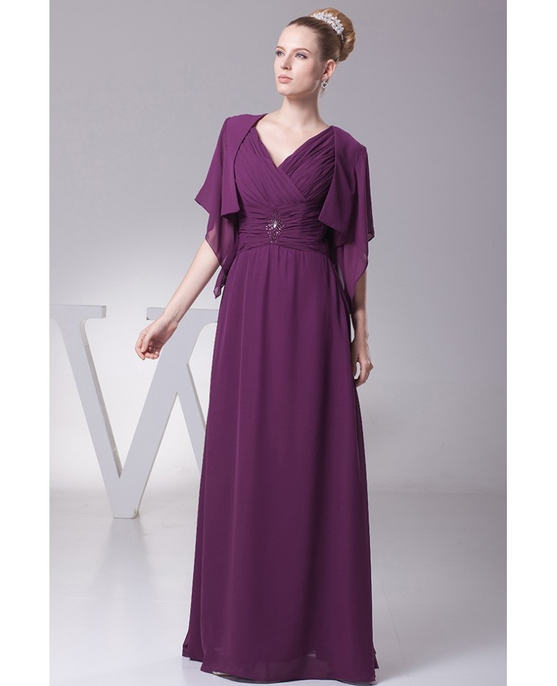 Simple Floor Length Pleated V Neck Grape Bridal Party Dress with Sleeve Jacket - Click Image to Close