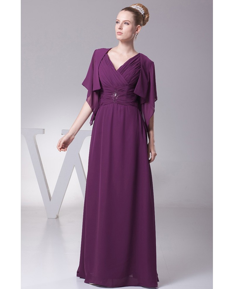 Simple Floor Length Pleated V Neck Grape Bridal Party Dress with Sleeve Jacket