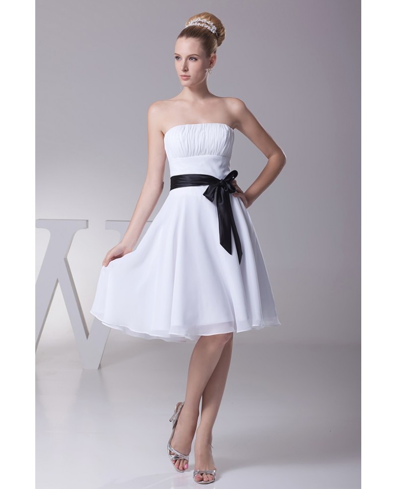 Simple Strapless Little Short Ruffled White Bridesmaid Dress with Black Sash - Click Image to Close