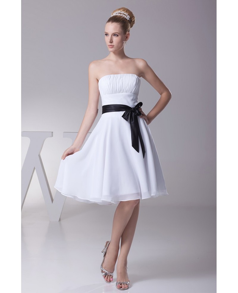 Simple Strapless Little Short Ruffled White Bridesmaid Dress with Black Sash