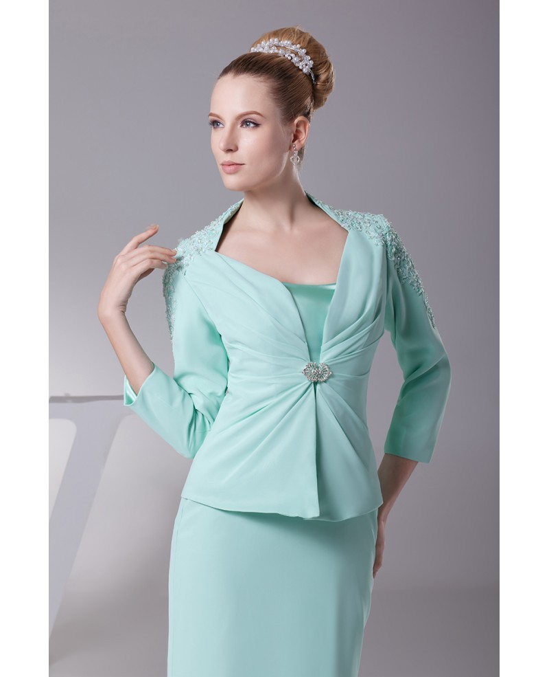 Long Jacket Chiffon Lace Teal Mother of the Groom Dress In Three Pieces
