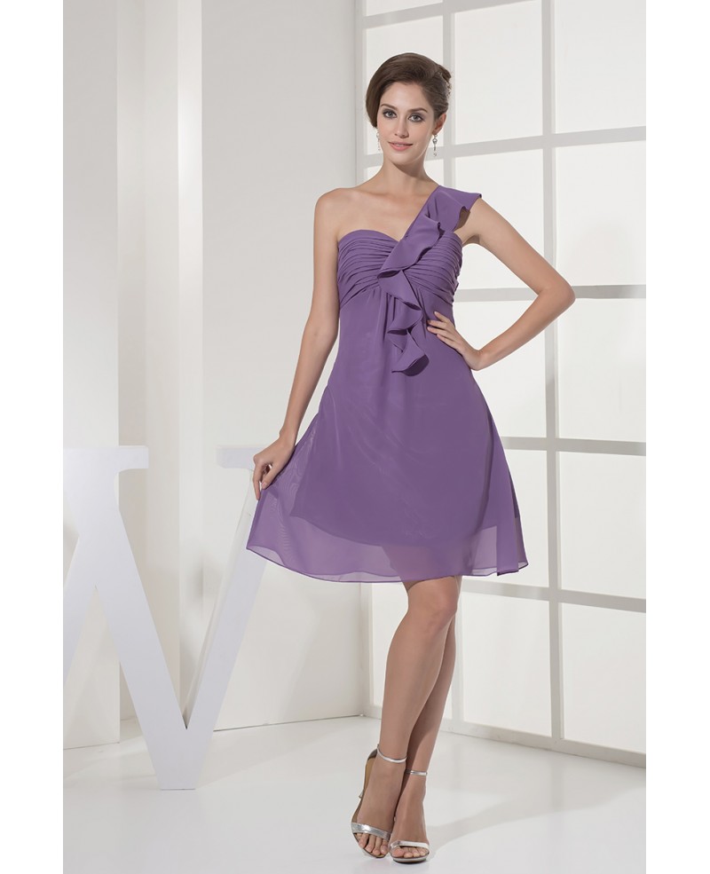 Simple Pleated Short Lavender Chiffon Bridesmaid Dress in One Shoulder - Click Image to Close