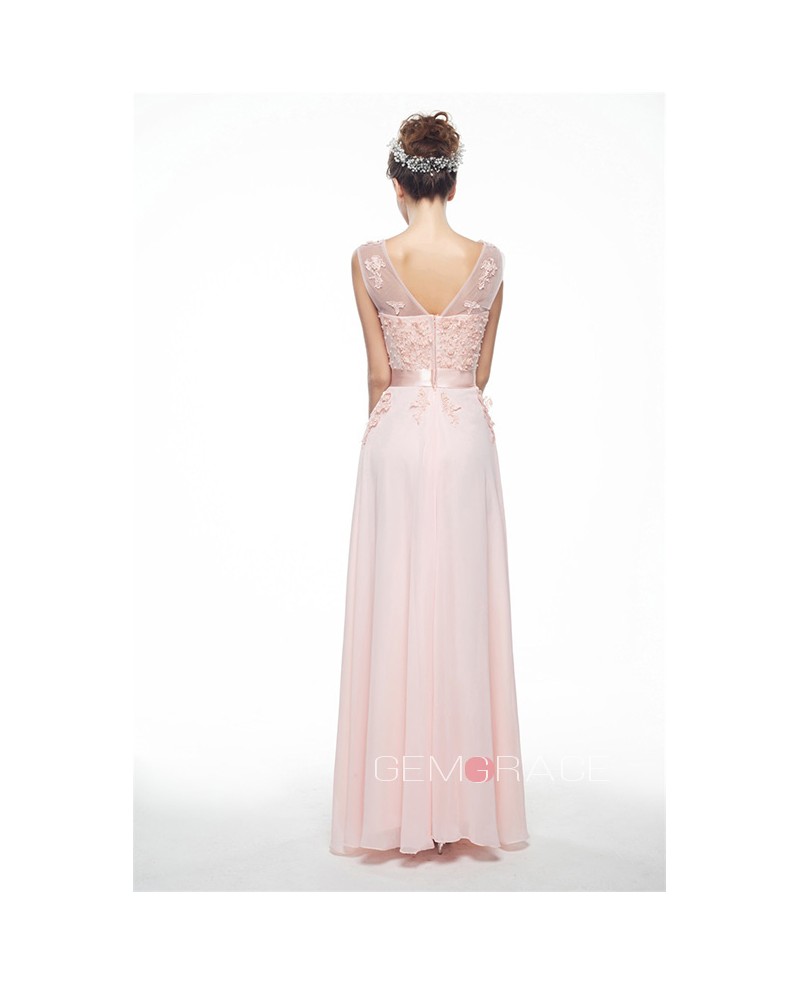 Blushing Pink Lace Tank Top Empire Chiffon V-Back Long Dress