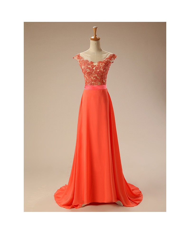 A-line Scoop Neck Sweep Train Chiffon Prom Dress With Appliques Lace
