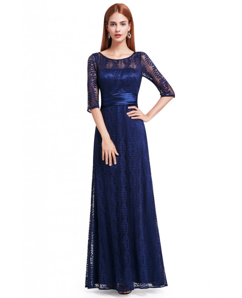A-line Scoop Neck Floor-length Lace Evening Dress With Half Sleeves - Click Image to Close
