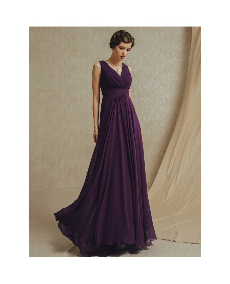 Grape Purple Empire Long Chiffon V-neck Bridesmaid Party Dress