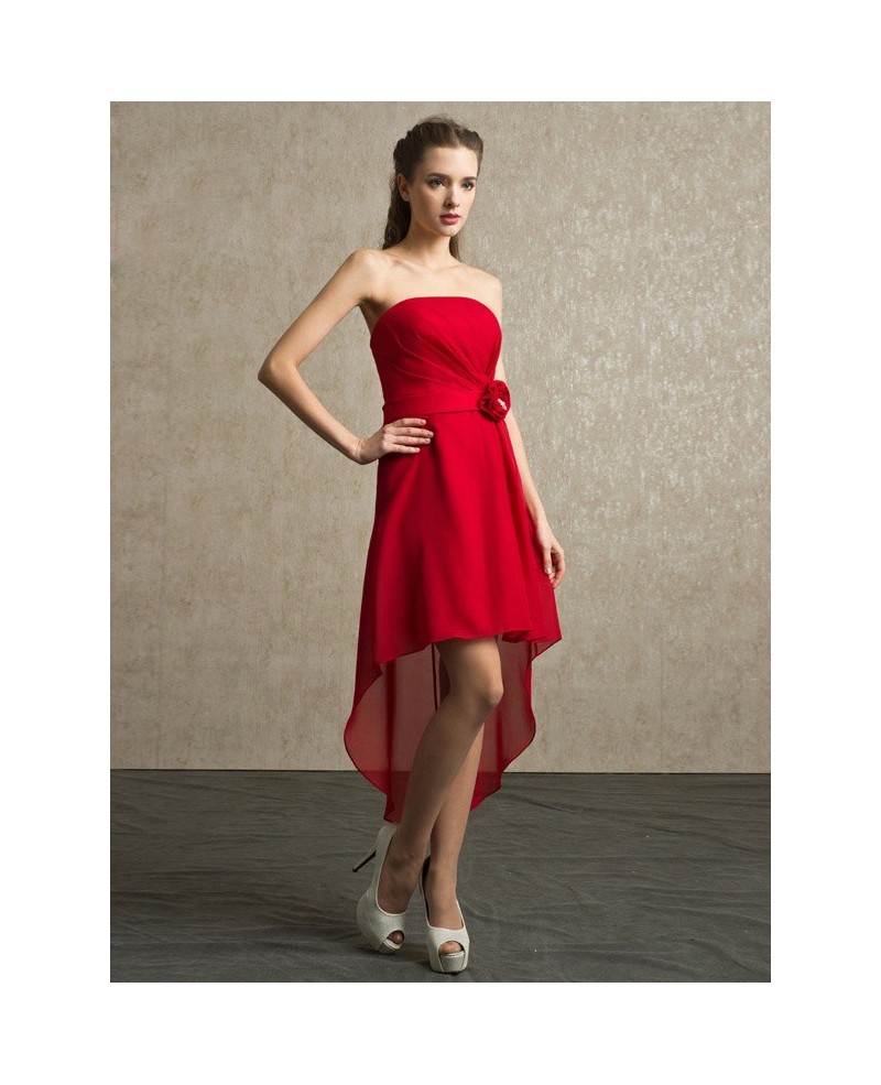 Red Chiffon High Low Strapless Bridesmaid Dress Short Front Long Back - Click Image to Close