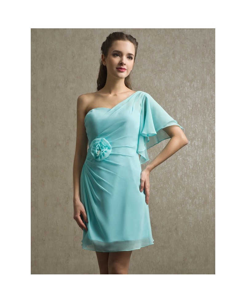 One Ruffled Sleeve Pool Blue Chiffon Bridesmaid Dress