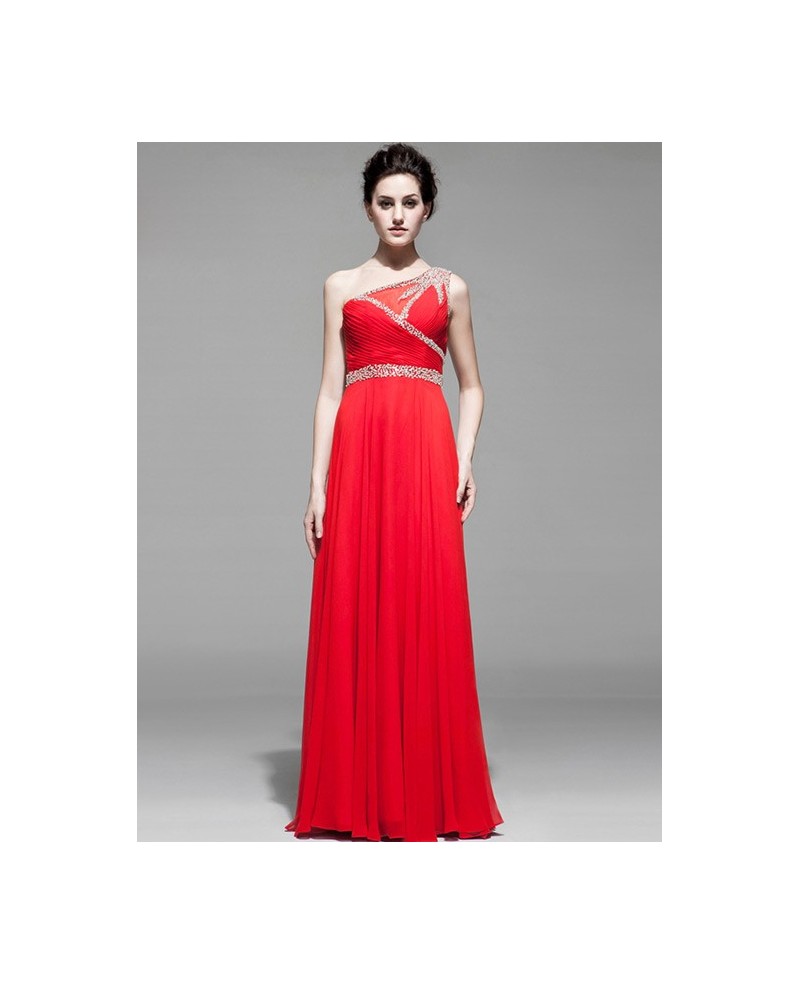 Sequined One Shoulder Long Chiffon Pleated Bridal Party Dress - Click Image to Close