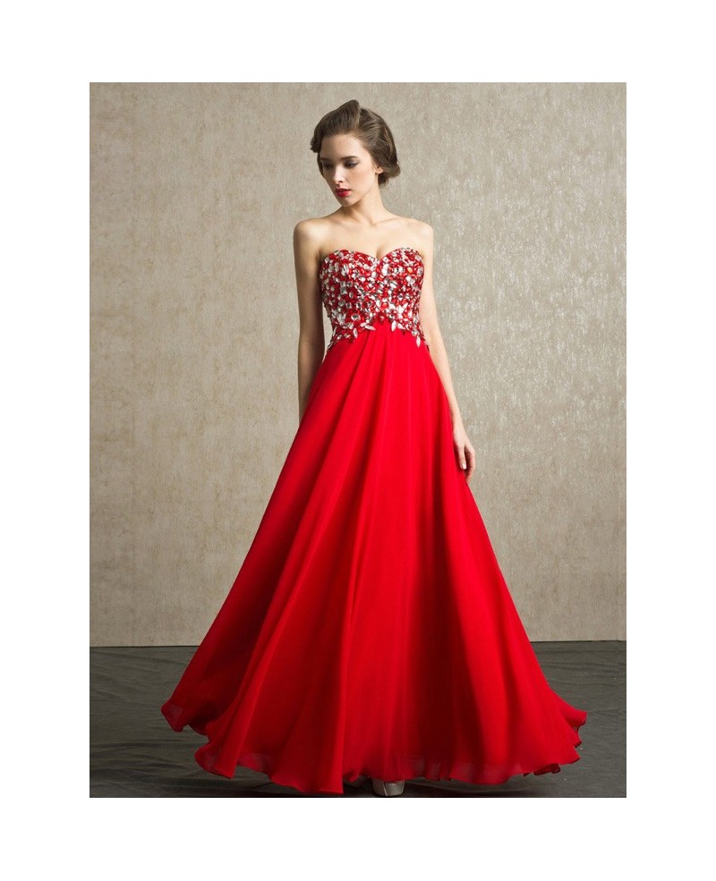 Red Beaded Stones Sweetheart Long Chiffon Bridal Party Dress - Click Image to Close