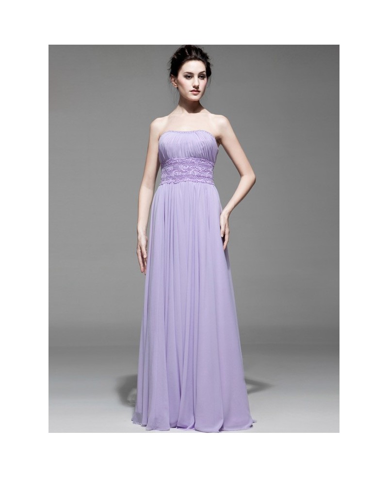Lavender Beaded Waist Long Strapless Chiffon Bridesmaid Dress - Click Image to Close