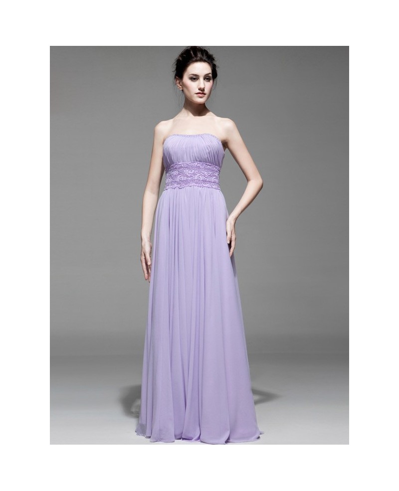 Lavender Beaded Waist Long Strapless Chiffon Bridesmaid Dress