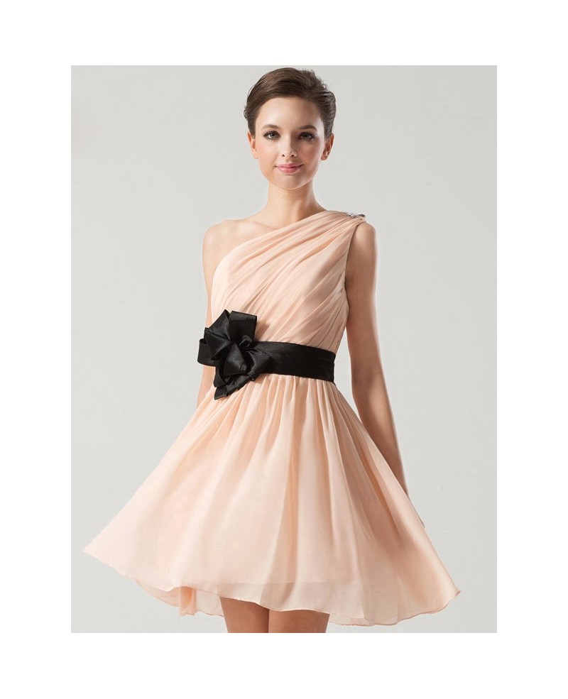 Pleated One Shoulder Chiffon Bridesmaid Dress Black Sash