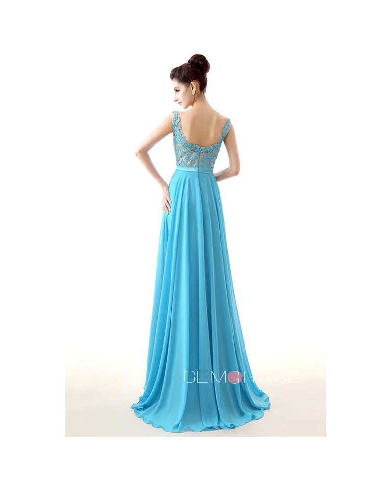 A-Line Scoop Neck Floor-Length Chiffon Prom Dress With Appliques Lace - Click Image to Close