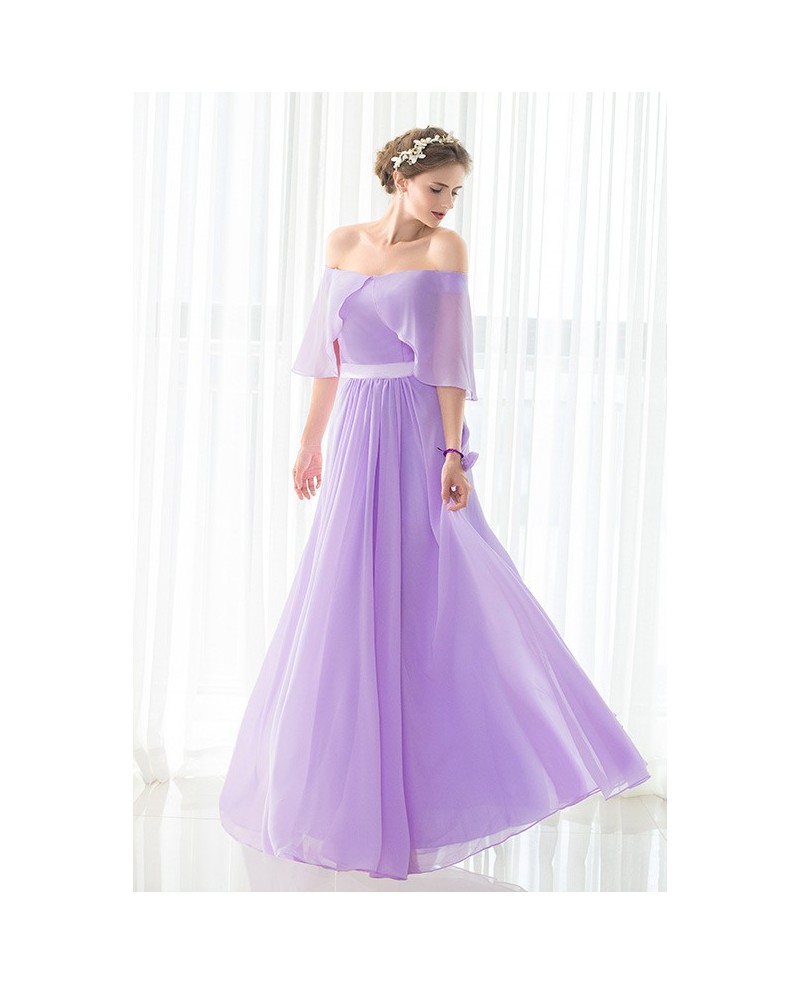 Off the Shoulder Purple Long Chiffon Elegant Bridesmaid Dress