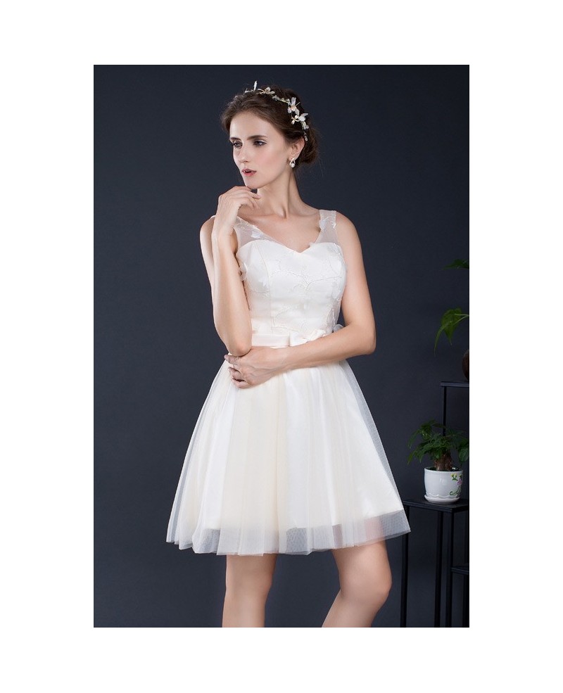 Champagne Short Tulle Formal Dress Bow Sash - Click Image to Close