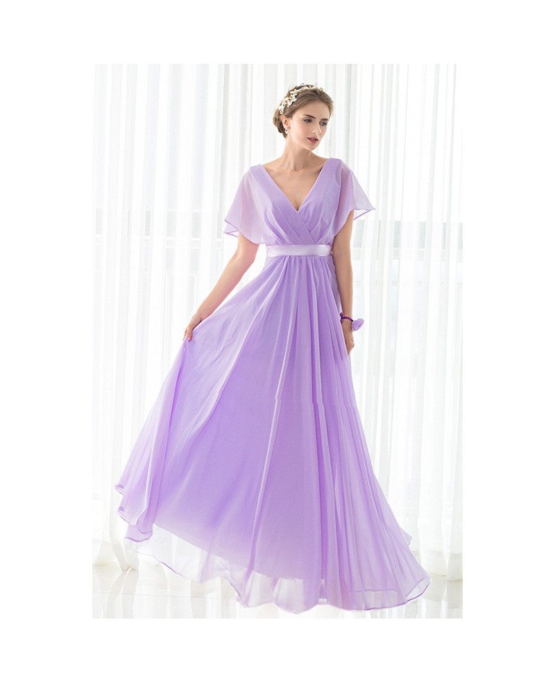 V-neck Purple Long Chiffon Elegant Bridesmaid Dress