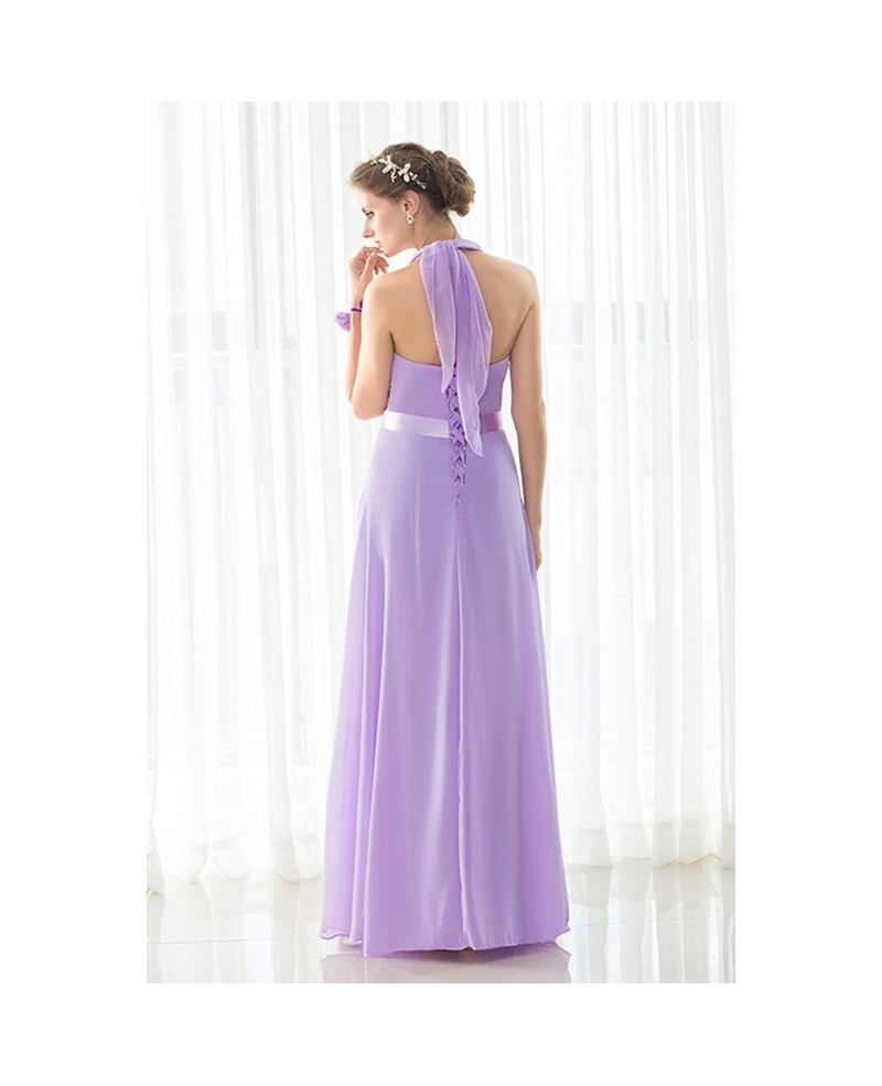 Purple Long Halter Chiffon Elegant Bridesmaid Dress