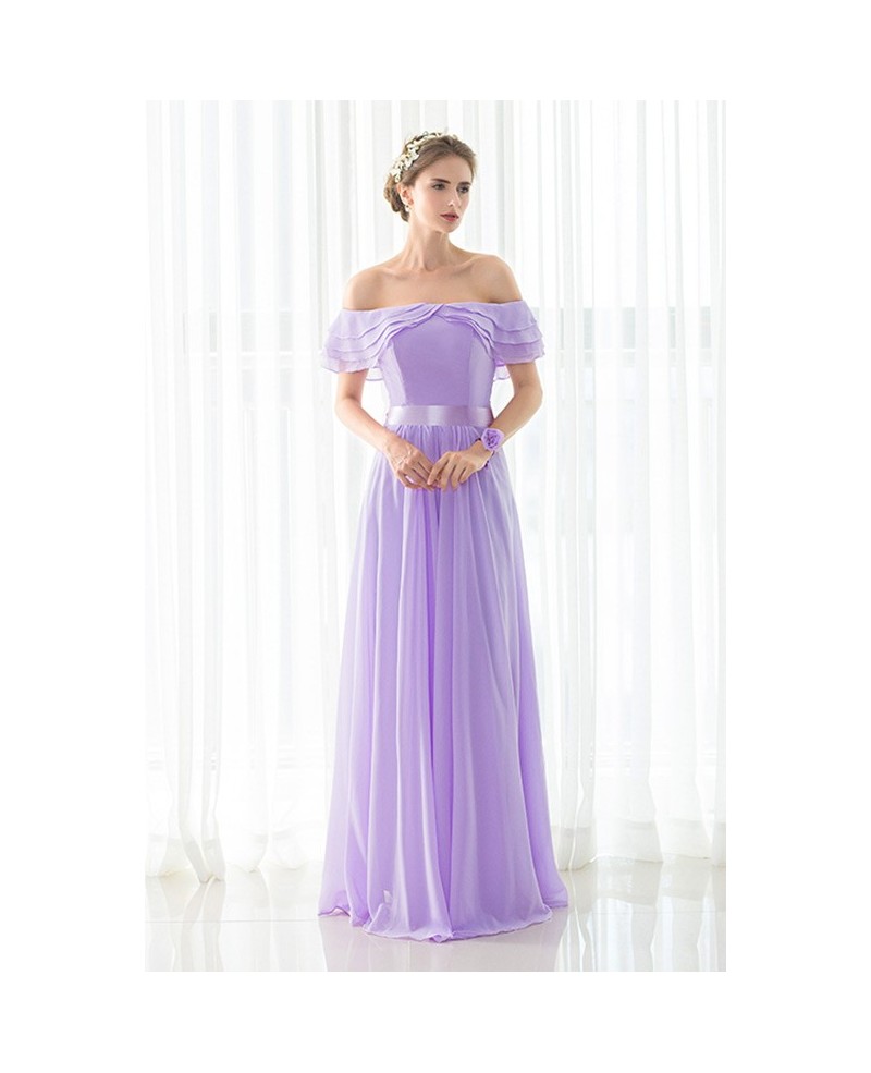 Stylish Purple Long Chiffon Off Shoulder Bridesmaid Dress