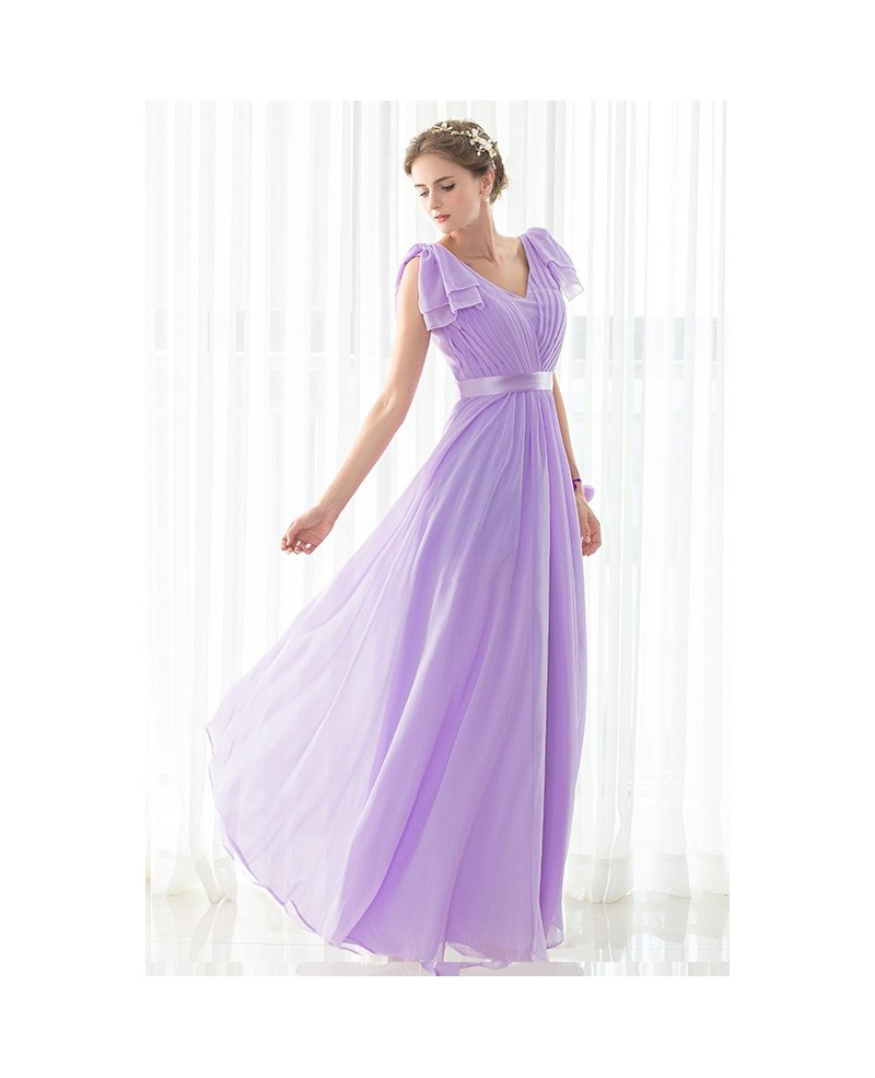 Purple Long Pleated Chiffon Elegant Bridesmaid Dress - Click Image to Close