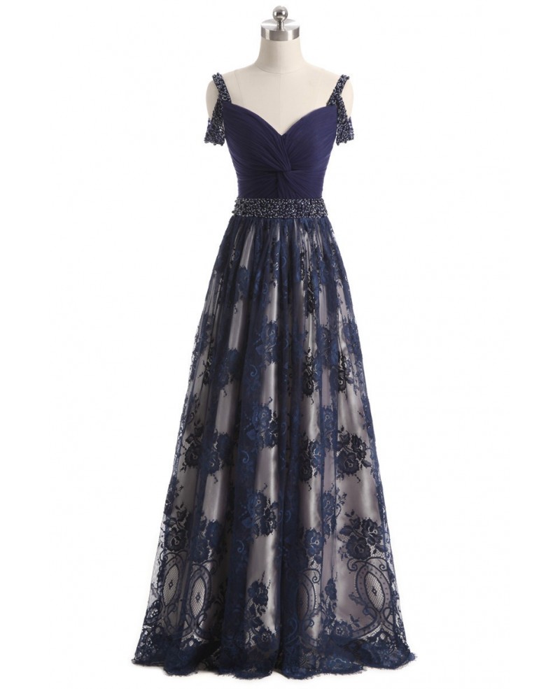 Beaded Lace Navy Blue Long Occasion Dress