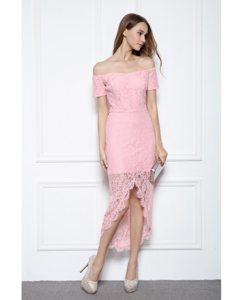 Pink Sheath Off-the-shoulder Lace High Low Formal Dress