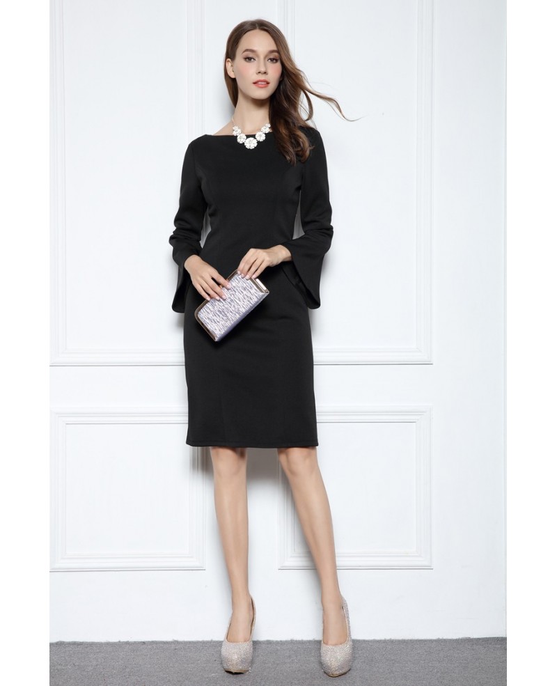 Black Sheath Scoop Neck Knee-length Formal Dress With Sleeves