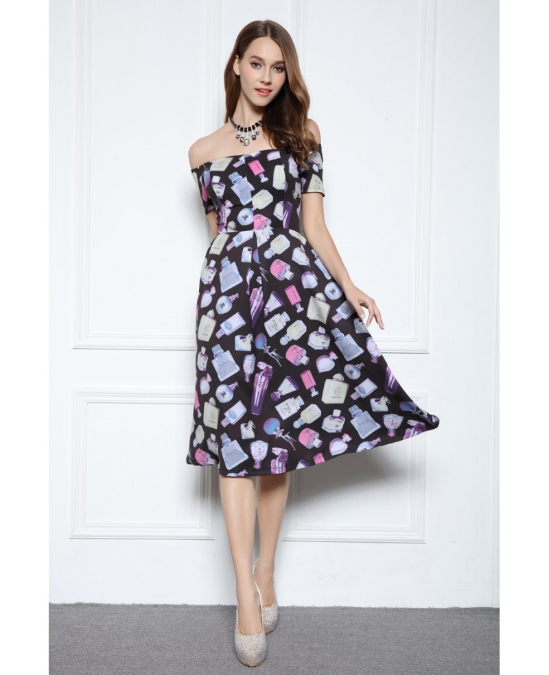 A-line Off-the-shoulder Knee-length Printed Formal Dress