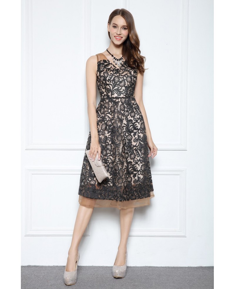 Black A-line V-neck Knee-length Lace Formal Dress