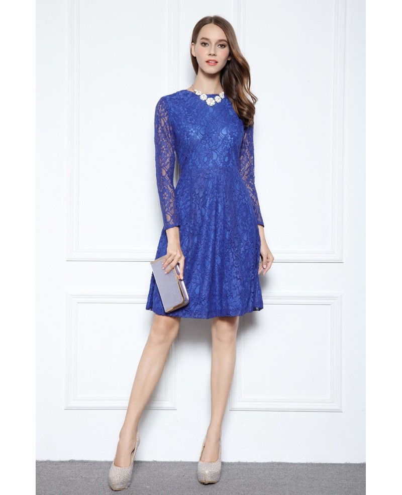 Blue A-line Scoop Neck Knee-length Lace Formal Dress With Long Sleeves