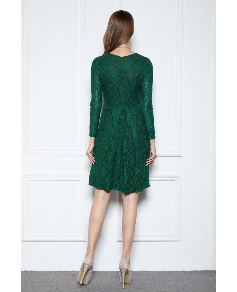 Dark Green A-line Scoop Neck Knee-length Lace Formal Dress With Long Sleeves - Click Image to Close