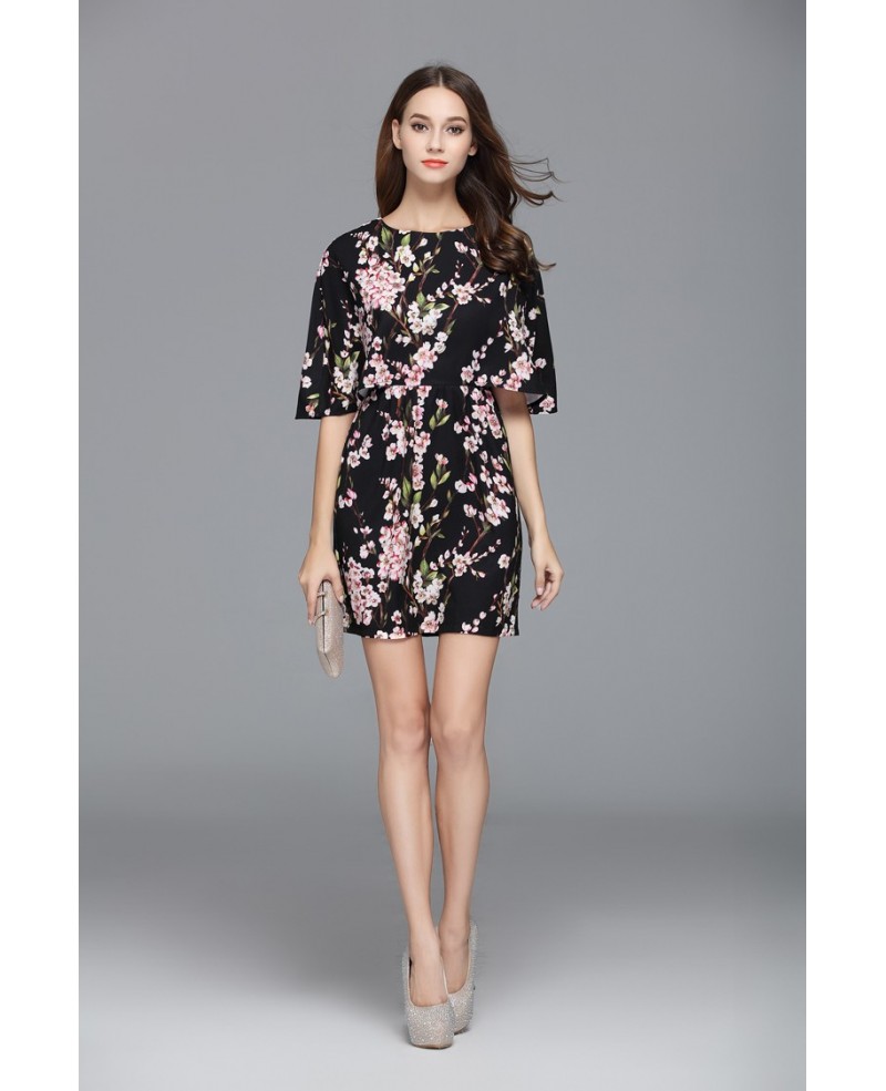 A-line Scoop Neck Floral Print Short Fashion Dress With Sleeves - Click Image to Close