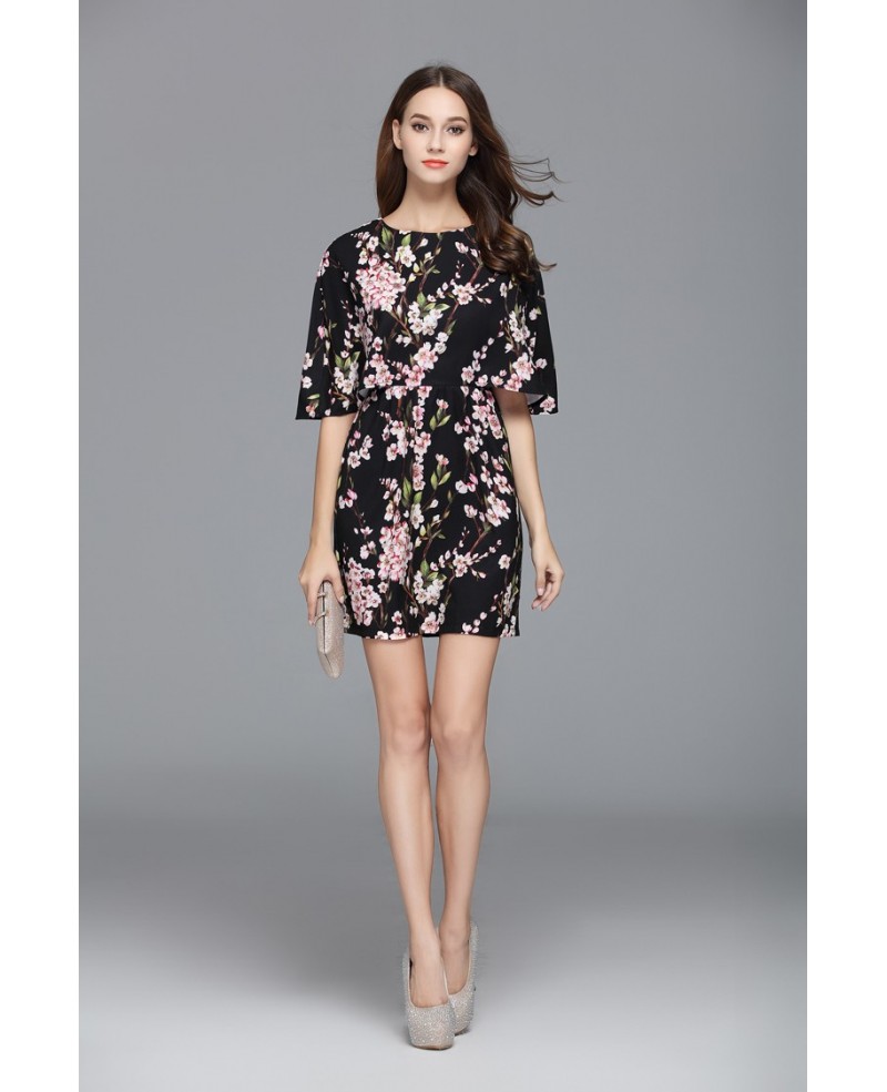 A-line Scoop Neck Floral Print Short Fashion Dress With Sleeves