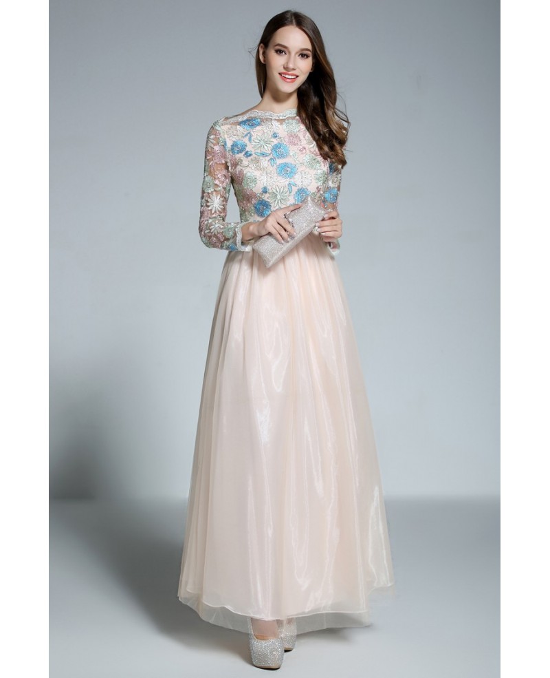 A-line Scoop Neck Embroidery Organza Floor-length Evening Dress
