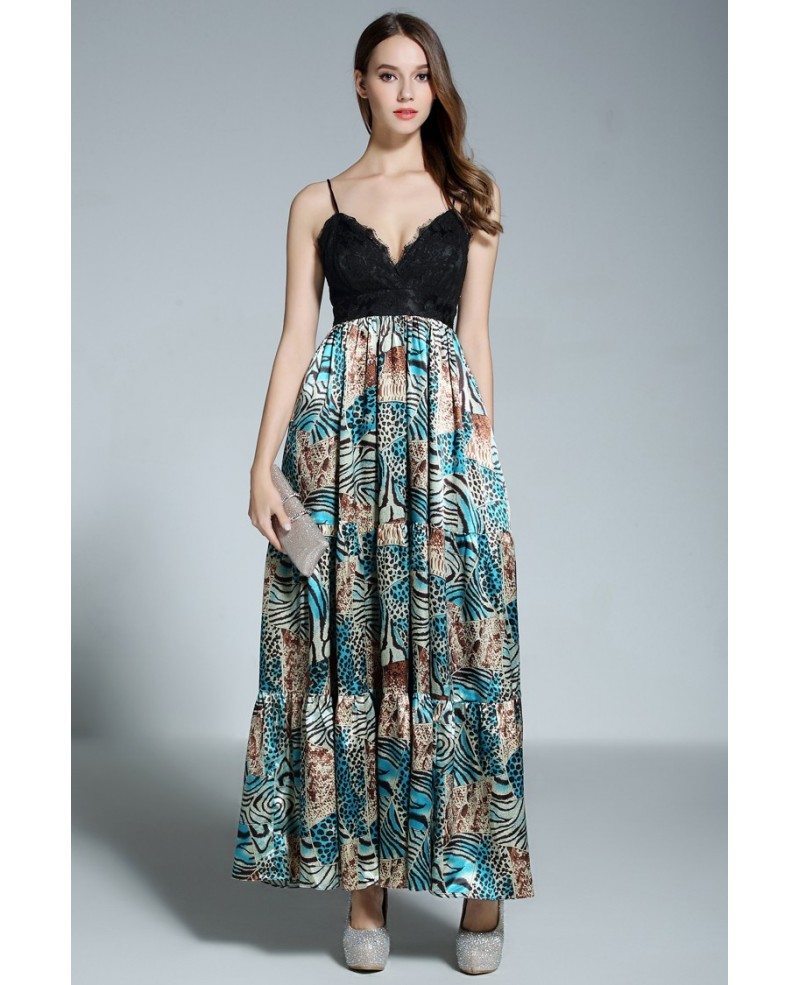 A-line V-neck Floral Print Floor-length Evening Dress With Lace - Click Image to Close
