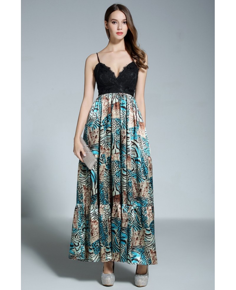 A-line V-neck Floral Print Floor-length Evening Dress With Lace