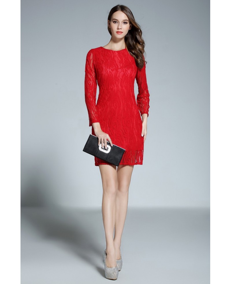 Sheath Scoop Neck Lace Short Red Formal Dress With Sleeves - Click Image to Close