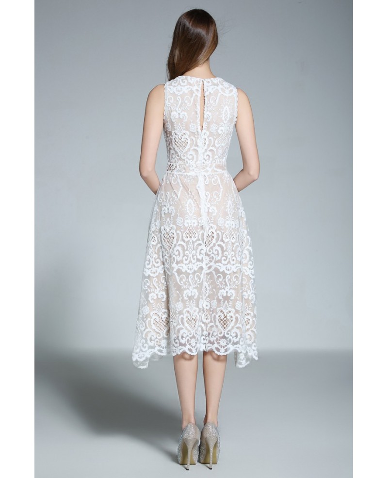 A-line Scoop Neck White Lace Sleeveless Knee-length Formal Dress