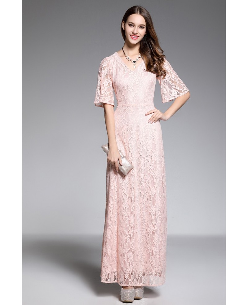 A-line V-neck Floor-length Lace Pink Evening Dress With Sleeves