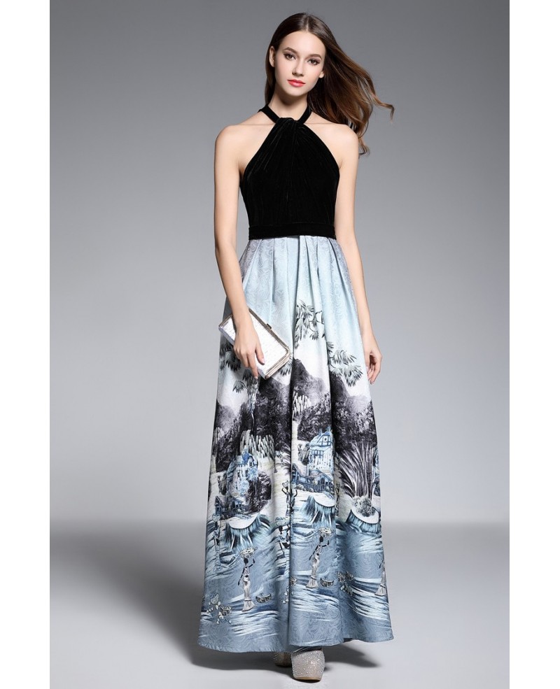 A-line Halter Floor-length Printed Evening Dress