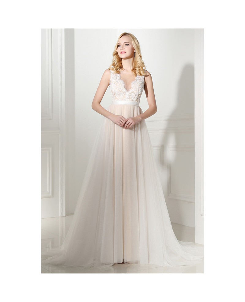 A-line V-neck Court-train Prom Dress